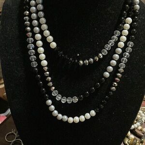 Elegant Black, pearls, crystals and gray beads  White Beaded Necklace